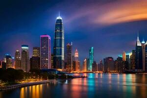 a cidade Horizonte às noite dentro hong kong. gerado por IA foto