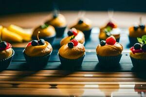 uma mesa com bolos de copo e fruta em isto. gerado por IA foto