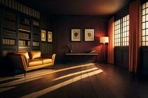 uma quarto com uma couro sofá e estantes. gerado por IA foto