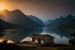 a cabana às a lago. gerado por IA foto