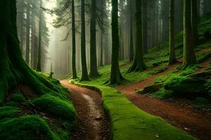 uma caminho através uma floresta com musgoso árvores gerado por IA foto