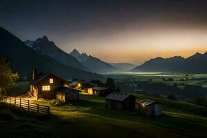 uma pequeno casa dentro a montanhas às crepúsculo. gerado por IA foto