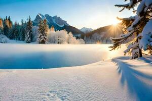 neve coberto árvores e montanhas dentro a inverno. gerado por IA foto
