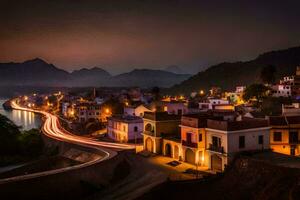 uma cidade às noite com luzes em a edifícios. gerado por IA foto