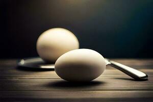 dois ovos em uma mesa com uma faca. gerado por IA foto