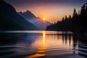 a Sol sobe sobre uma montanha lago dentro a montanhas. gerado por IA foto