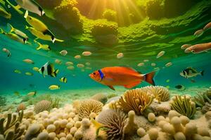 uma tropical peixe natação dentro a oceano com coral recifes. gerado por IA foto