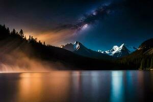 foto papel de parede a céu, montanhas, lago, noite, a leitoso, a estrelas, o. gerado por IA