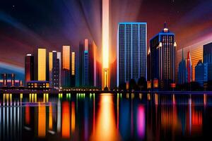 cidade luzes às noite com reflexões em a água. gerado por IA foto