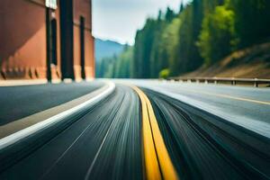 uma embaçado imagem do uma estrada com uma carro dirigindo em isto. gerado por IA foto