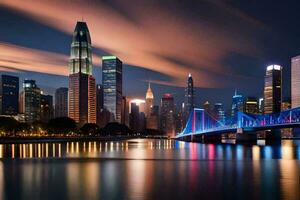 a cidade Horizonte às noite com uma ponte sobre água. gerado por IA foto