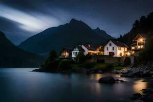 uma casa senta em a costa do uma lago às noite. gerado por IA foto