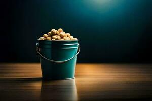 uma balde preenchidas com amendoim em uma mesa. gerado por IA foto