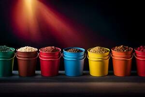 uma linha do colorida baldes com diferente tipos do Comida. gerado por IA foto
