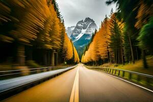 uma estrada com árvores e montanhas dentro a fundo. gerado por IA foto