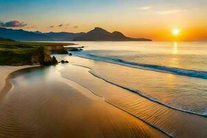 a Sol conjuntos sobre uma de praia e montanhas. gerado por IA foto