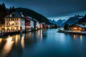 uma rio e casas dentro a montanhas às noite. gerado por IA foto