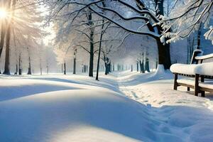 uma Banco senta dentro a neve coberto parque. gerado por IA foto