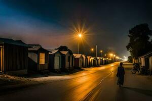 uma homem anda em baixa uma rua às noite com uma poucos casas. gerado por IA foto