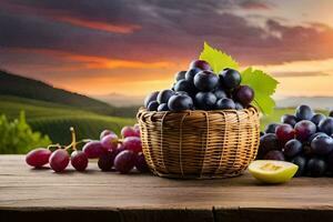 uvas dentro uma cesta em uma mesa. gerado por IA foto