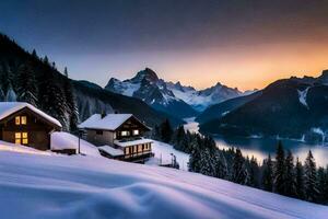 uma cabine dentro a neve com uma lago e montanhas dentro a fundo. gerado por IA foto