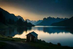 a lago e a cabana às pôr do sol. gerado por IA foto