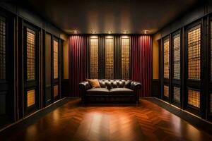 uma quarto com uma couro sofá e vermelho cortinas. gerado por IA foto