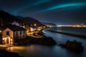 a aurora calibre luzes acima a céu sobre uma cidade. gerado por IA foto