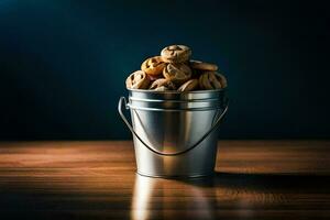 uma balde preenchidas com biscoitos em uma de madeira mesa. gerado por IA foto