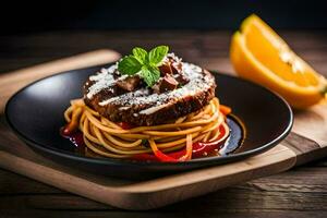 uma prato do espaguete com carne e laranja fatias. gerado por IA foto