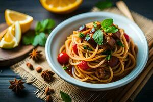 espaguete com carne e legumes dentro uma tigela. gerado por IA foto