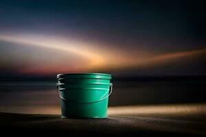 uma verde balde sentado em a areia às pôr do sol. gerado por IA foto