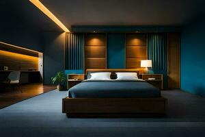 uma moderno quarto com azul paredes e madeira sotaques. gerado por IA foto