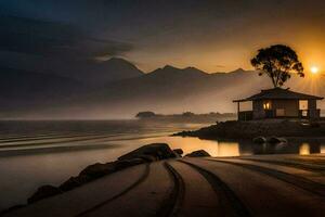 uma pequeno casa senta em a costa do uma lago às pôr do sol. gerado por IA foto