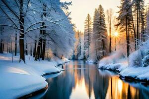 inverno panorama com neve coberto árvores e rio. gerado por IA foto