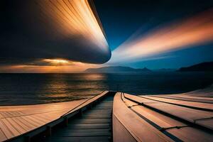 uma grandes exposição fotografia do uma barco em a água. gerado por IA foto