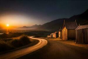 uma estrada conduzindo para uma pequeno Vila às pôr do sol. gerado por IA foto