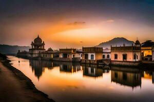 a pôr do sol sobre a rio dentro udaipur, rajastão. gerado por IA foto