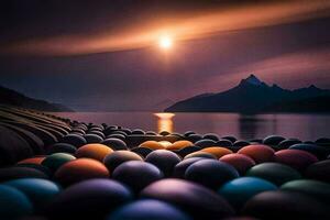 uma grupo do colorida bolas em a costa do uma lago. gerado por IA foto