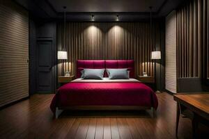 uma quarto com uma vermelho cama e de madeira pavimentação. gerado por IA foto