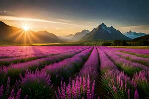 a Sol sobe sobre lavanda Campos dentro a montanhas. gerado por IA foto