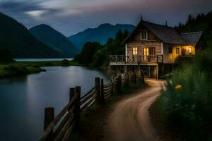 uma pequeno cabine senta em a lado do uma rio às noite. gerado por IA foto