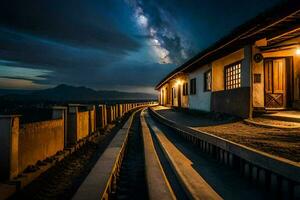 uma grandes trem rastrear conduzindo para uma construção às noite. gerado por IA foto