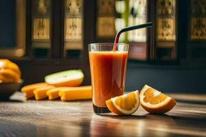 uma vidro do laranja suco com fatias do laranja. gerado por IA foto