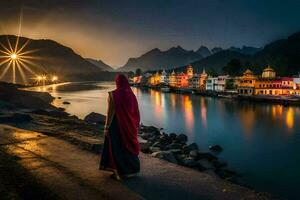 uma mulher dentro uma vermelho roupão carrinhos de a rio às noite. gerado por IA foto