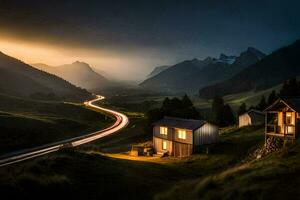 uma casa e uma estrada dentro a montanhas. gerado por IA foto