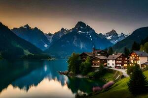 uma lindo montanha cena com uma lago e casas. gerado por IA foto