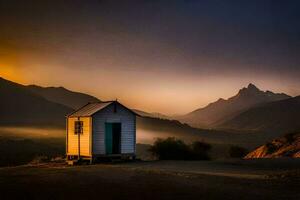 a cabana às pôr do sol dentro a montanhas. gerado por IA foto