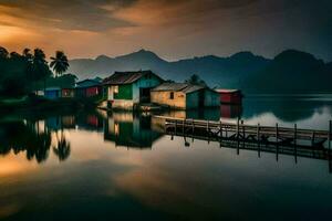 uma lindo pôr do sol sobre uma lago com casas em a costa. gerado por IA foto