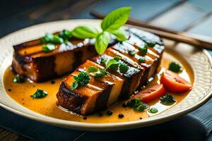 dois peças do carne em uma prato com molho. gerado por IA foto